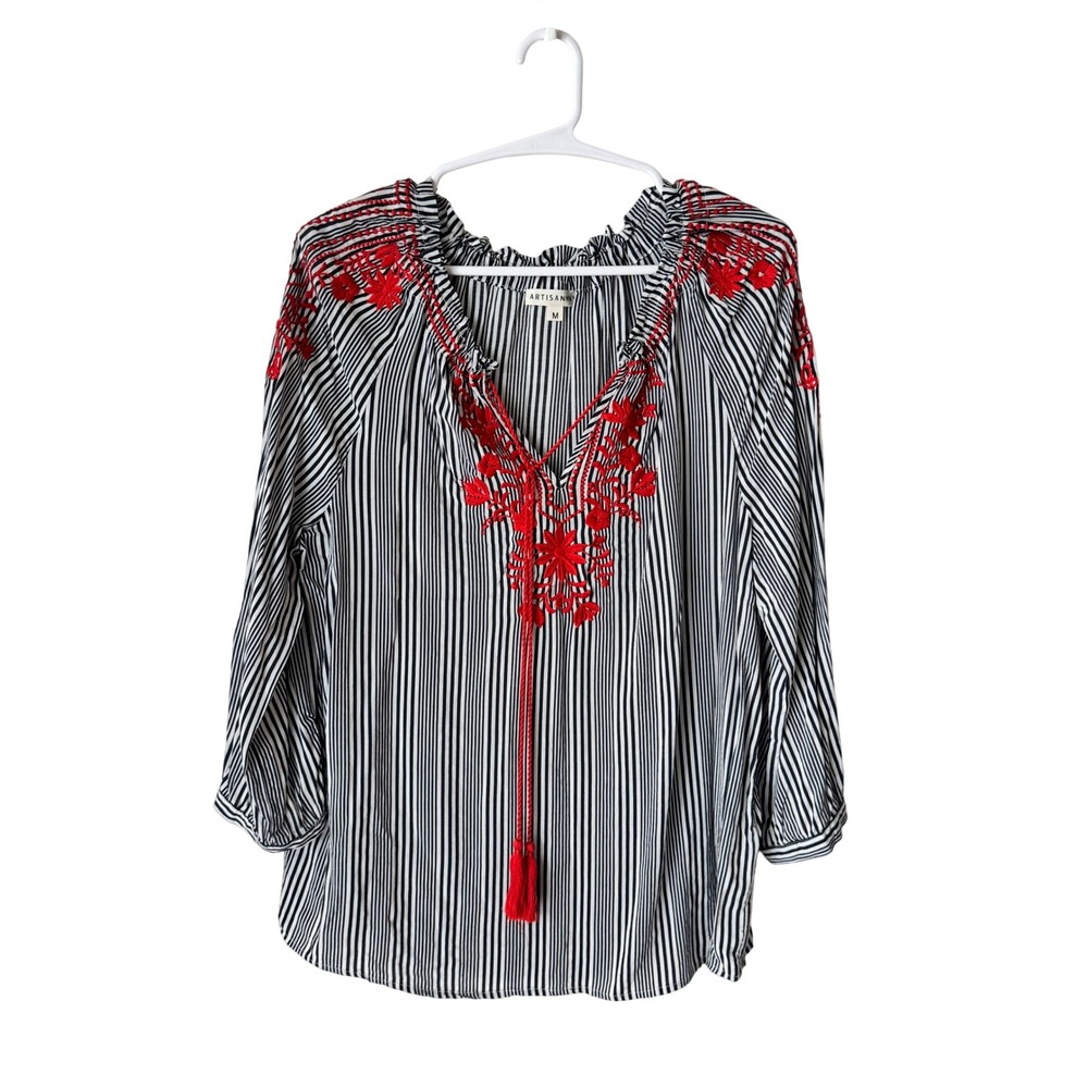 Artisan NY Black White Striped Red Embroidered Tassel Peasant Blouse Medium